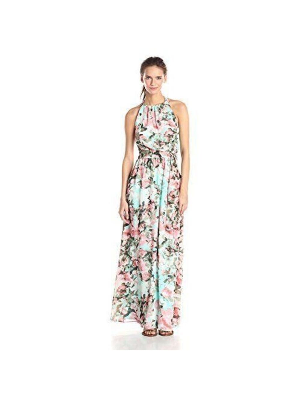 Jessica Simpson Women's Maxi Dress 10 Blue Pink Floral Print Halter Sleeveless